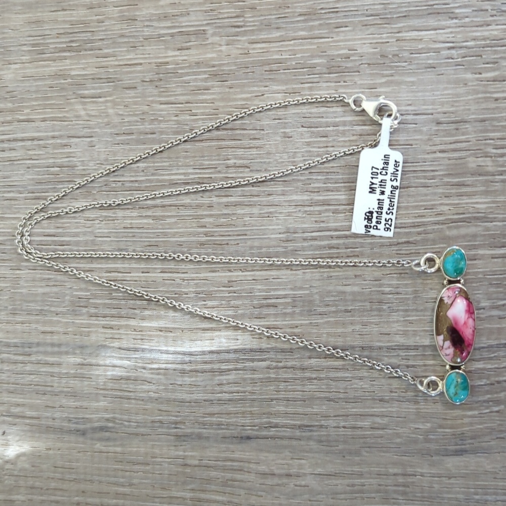 Southwest Red Dahlia Mohave Turquoise Sterling Silver Bar Necklace - Picture 9 of 9